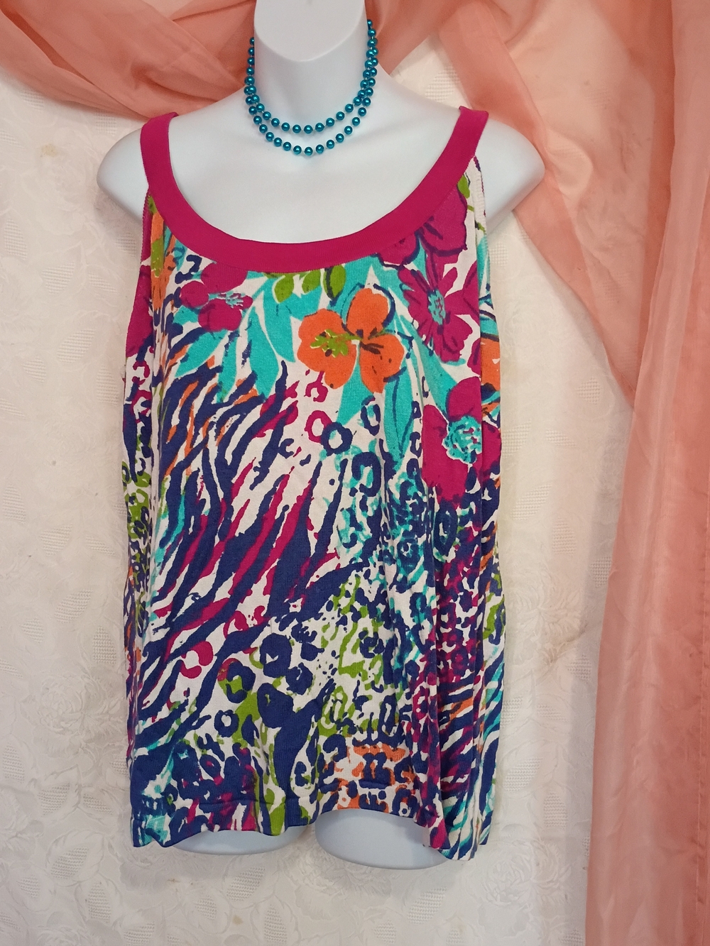 berek Ladies Multi-Color Floral & Animal Print Tank with Fuchsia Trim Sz XL